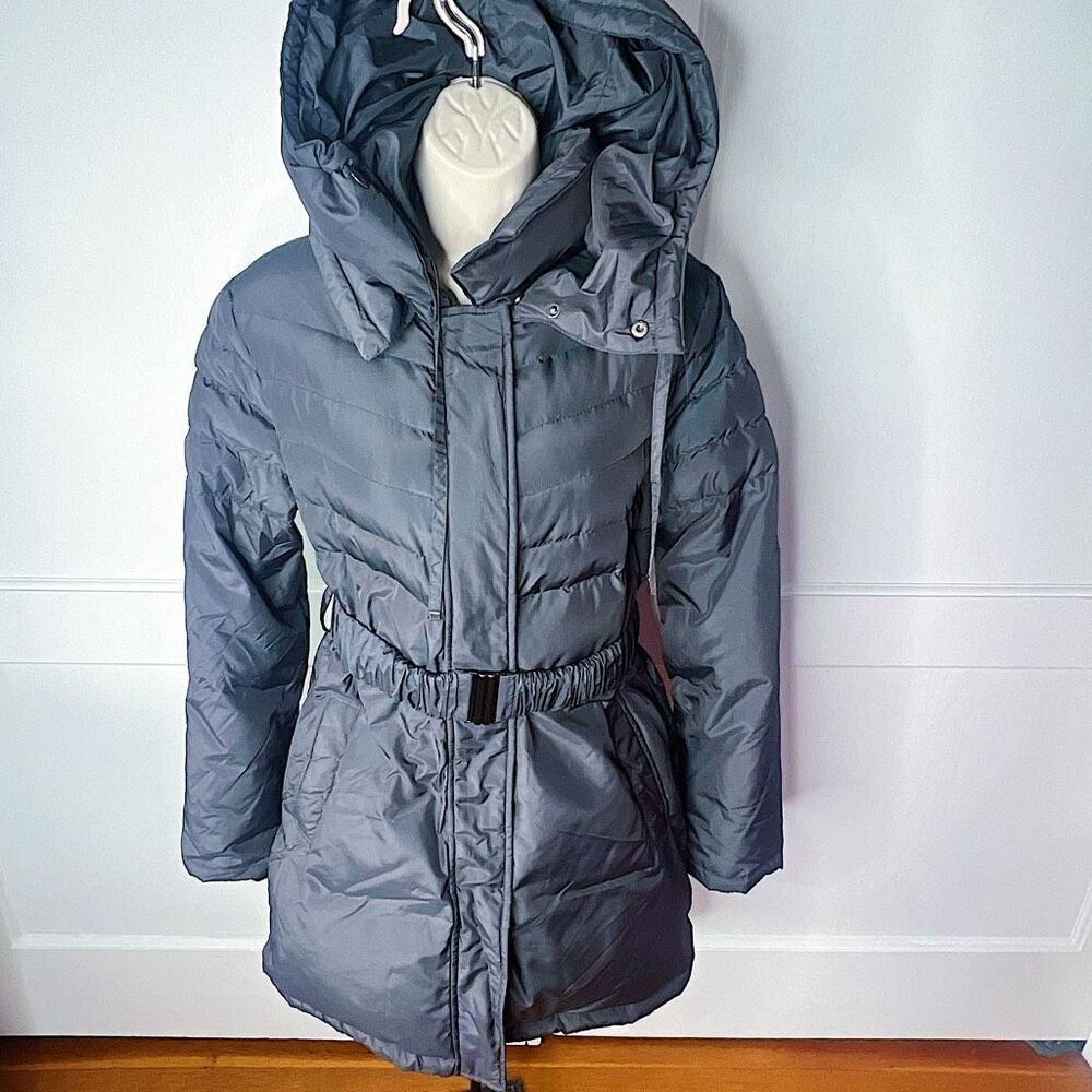 Betsey Johnson Belted Down Fill Puffer Coat Hooded Gray Size Small